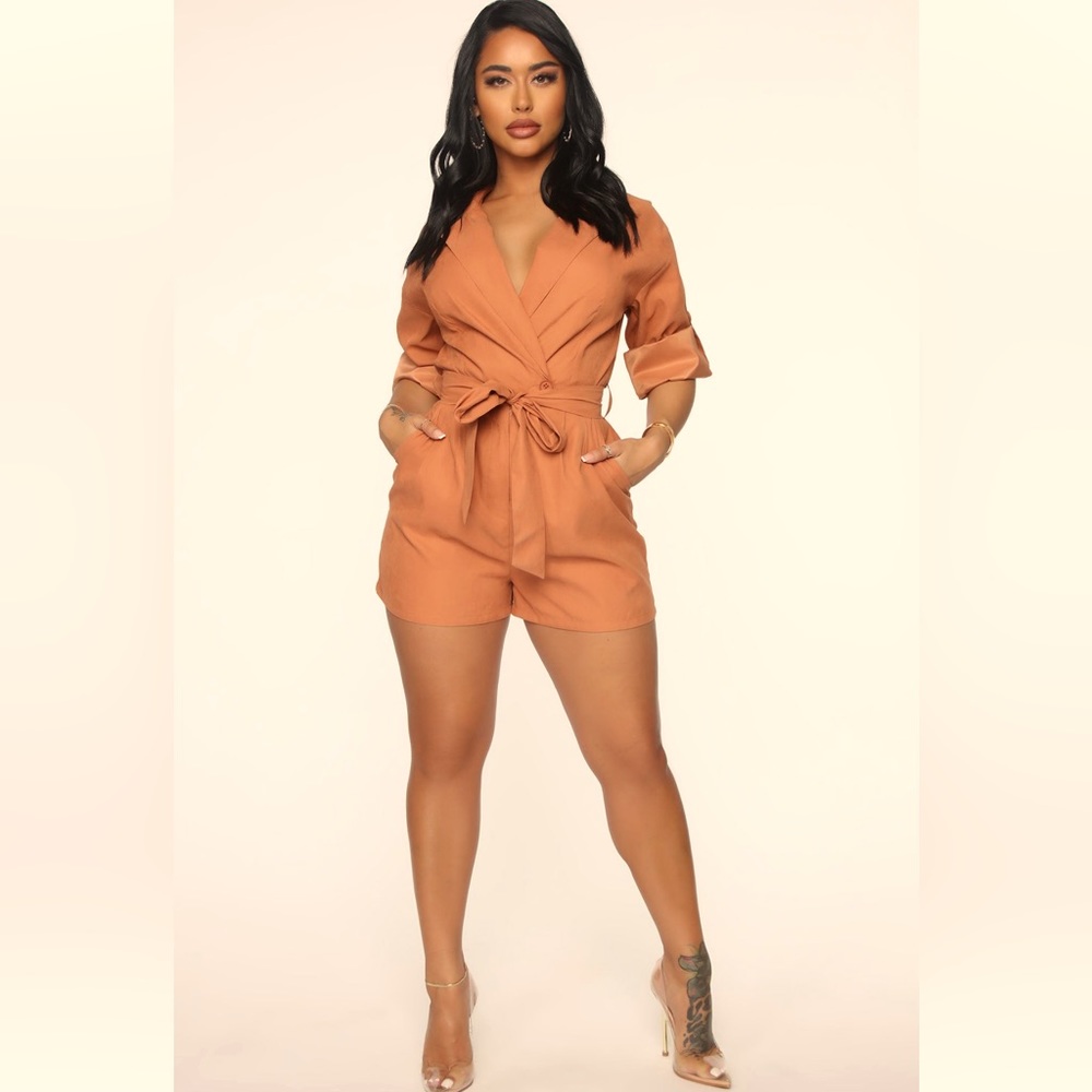 Definitely Maybe Stretch Shorts Romper Long Sleeves Decorative Tie Waist